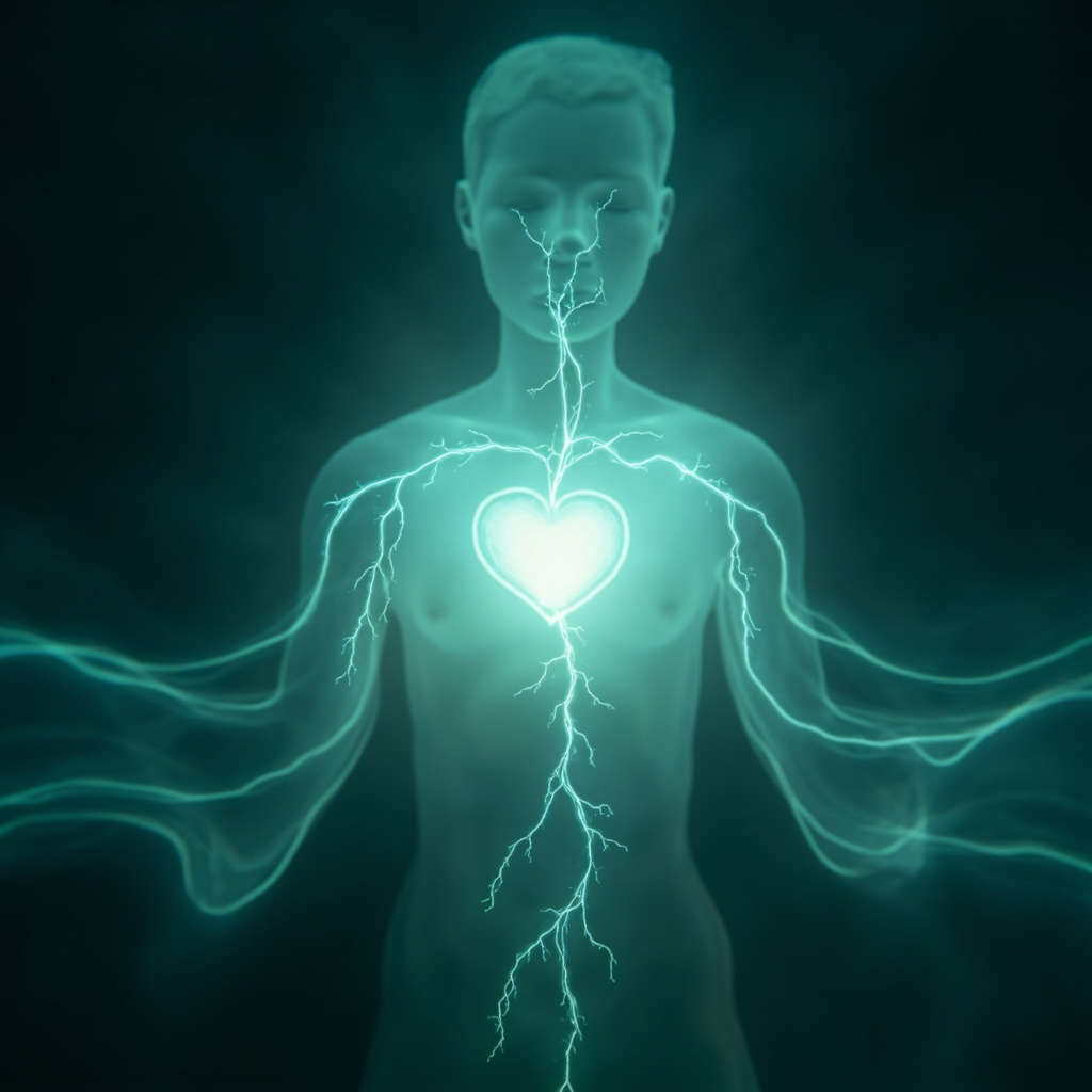 Serene glowing heart chakra with flowing TCM meridians and balanced qi energy waves in soft blues and greens, symbolizing calm heart rate and vitality.