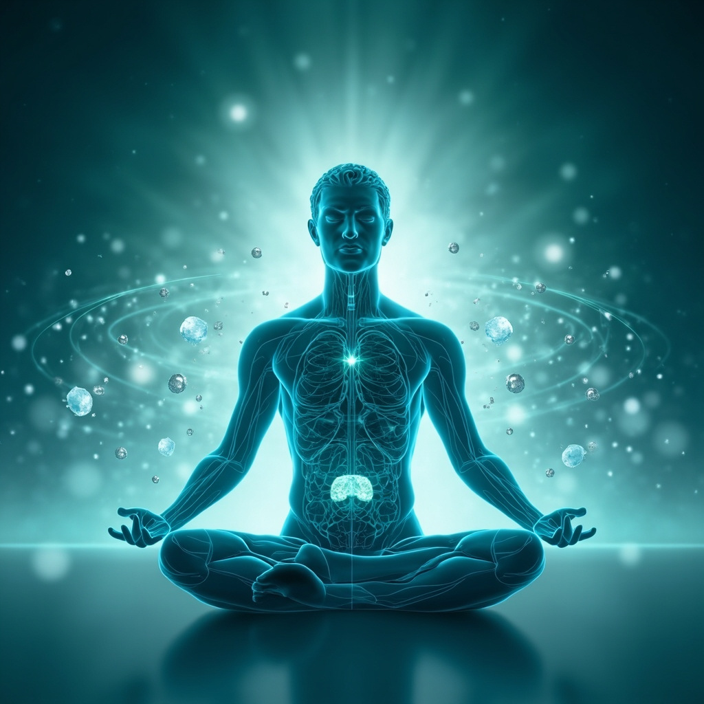 Serene person in lotus pose with glowing TCM meridians around spleen and liver, balanced blood sugar molecules and subtle chromium atoms orbiting, soft blue-green tones symbolizing energy harmony