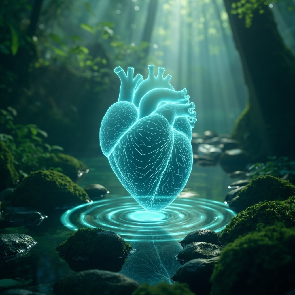 Serene human heart glowing with balanced energy waves and TCM meridians in soft blue and green tones, surrounded by calm nature, symbolizing stress relief and harmony