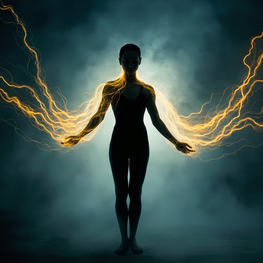 Serene human silhouette with glowing golden energy lines tracing the Yang Wei Mai meridian from outer arms up sides of body to head, symbolizing protective shield and resilience, in traditional Chinese ink brush style with ethereal light glow, calming blue background.