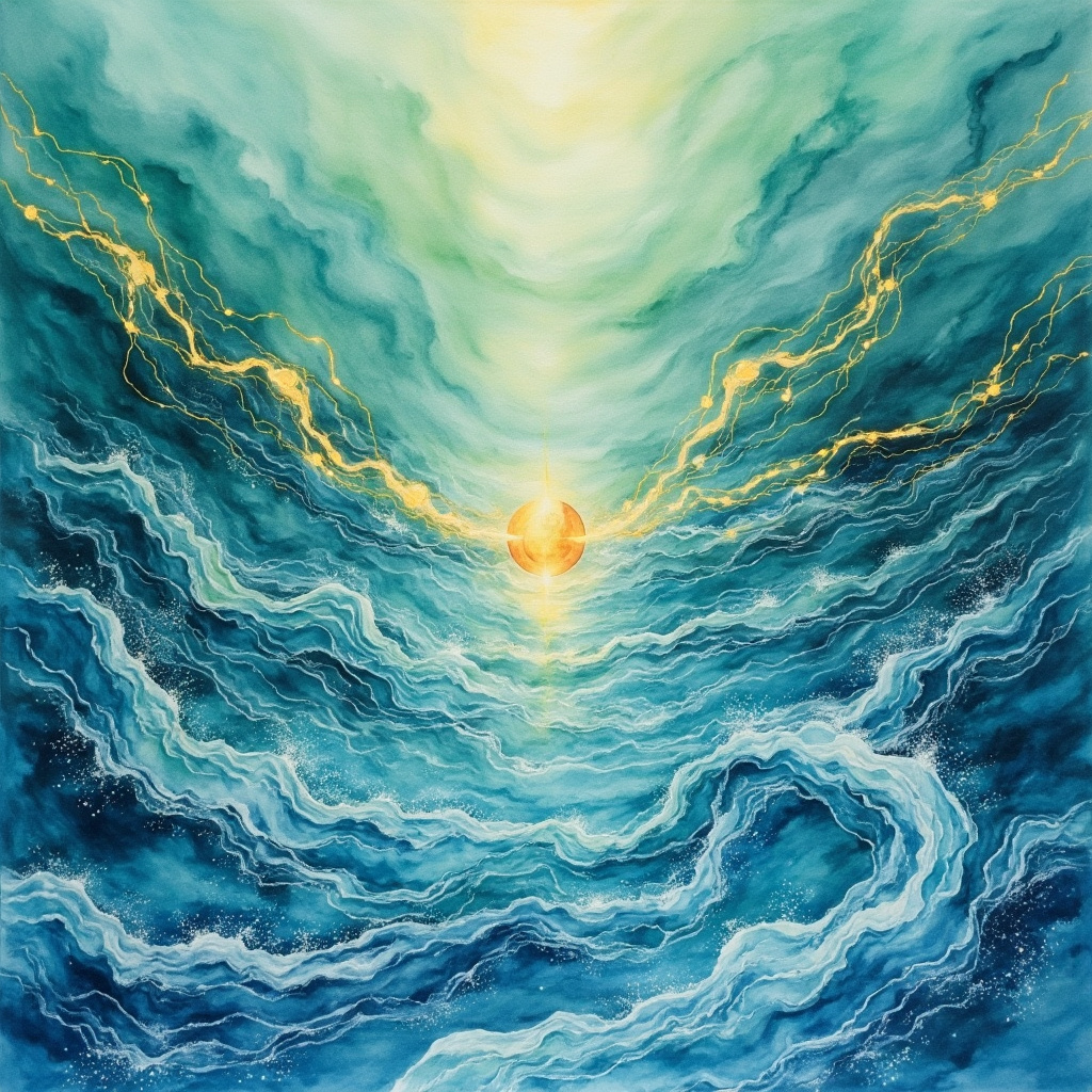 Serene watercolor of flowing clear blue rivers symbolizing Jin Ye body fluids, woven with glowing golden meridians and a balanced yin-yang orb, soft misty background in greens and blues.