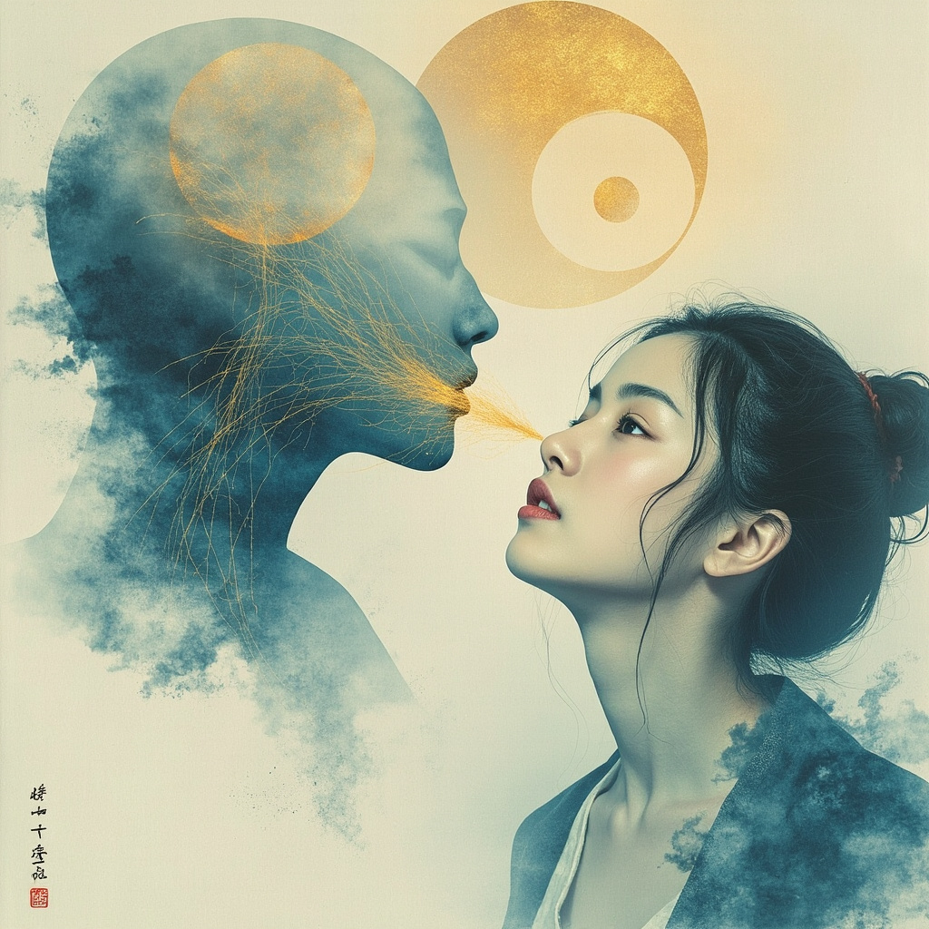 Serene traditional Chinese ink painting of a person with open mouth speaking clearly, glowing qi meridians around throat and lungs, balanced yin-yang symbol in background, soft blue and gold tones.