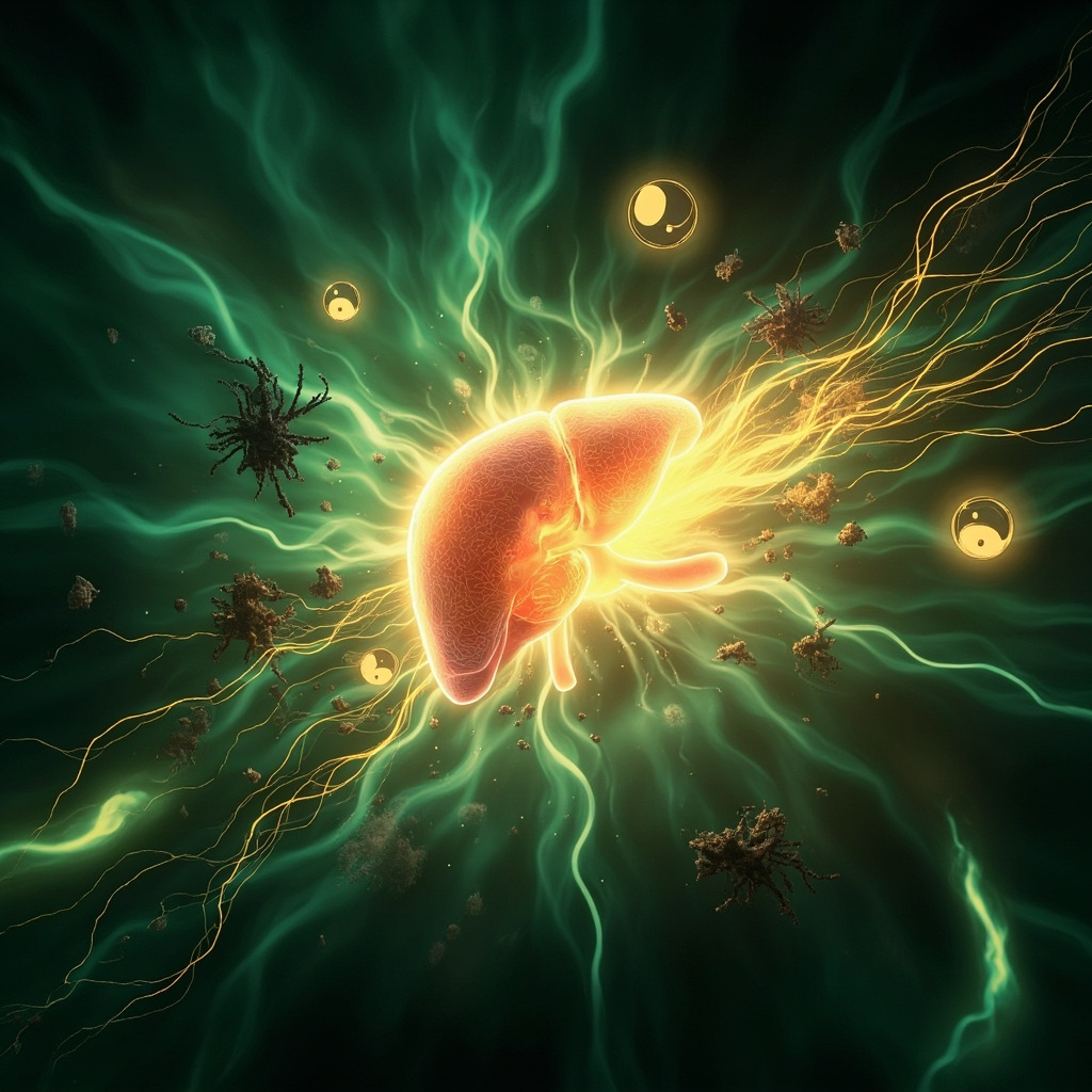 A glowing human liver protected by swirling green qi energy and yin-yang symbols, deflecting dark mold spores and fungal toxins, with flowing meridian lines in a serene traditional Chinese medicine style, healing light rays.