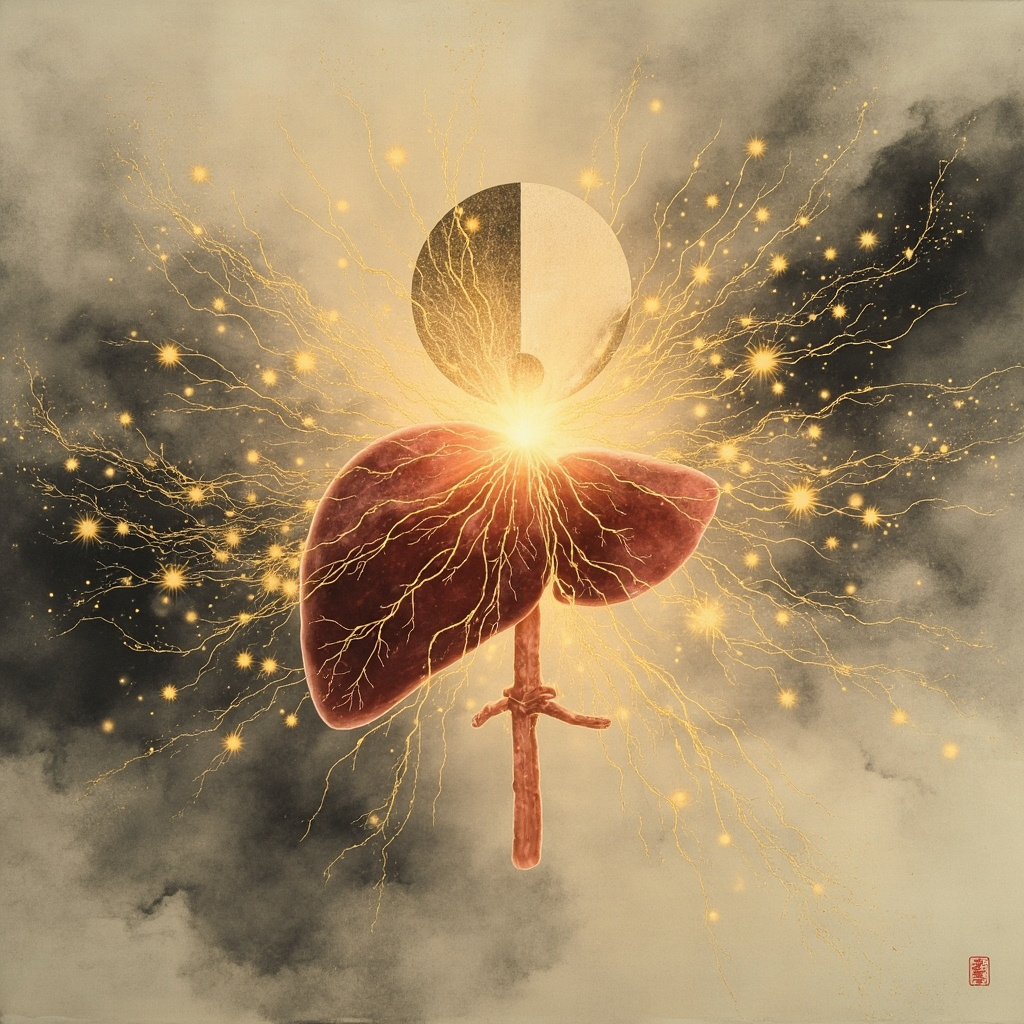 Serene traditional Chinese ink painting of a glowing human liver with flowing qi meridians in gold, subtle parasitic fluke forms dissolving into harmonious light waves, balanced yin-yang symbol in background.