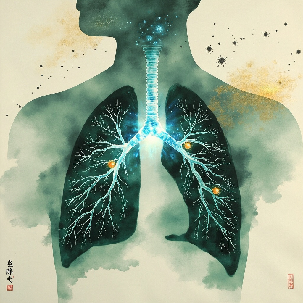 Serene traditional Chinese ink painting of flowing qi energy in healthy lungs and nasal passages, glowing blue light repelling small virus particles, harmonious balance, soft gradients of blue, green, and gold.