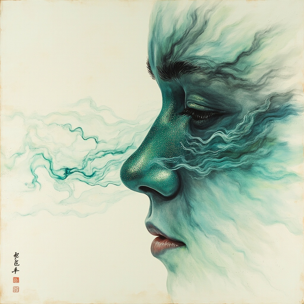 Serene ink painting of human nasal passages with glowing moist mucosae, qi energy flowing like mist, in traditional Chinese medicine style, soft blues and greens.