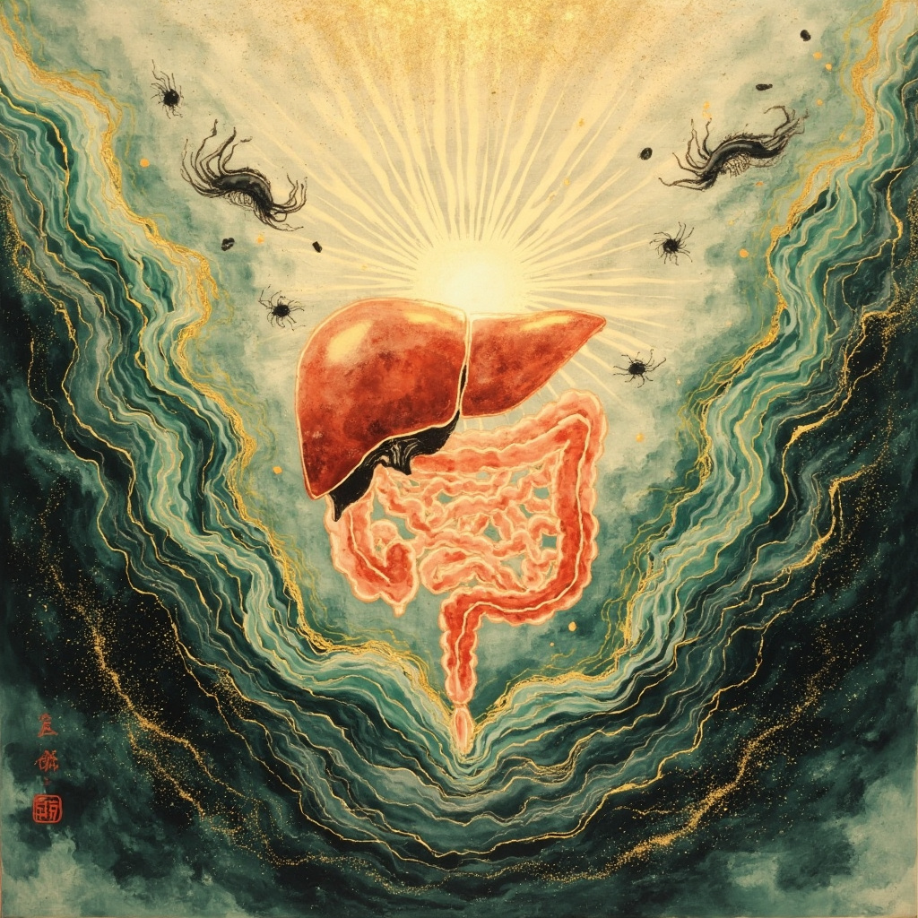 Traditional Chinese ink painting of flowing qi meridians in green and gold, protecting stylized liver and intestines from shadowy parasitic forms emerging from water, serene healing energy radiating outward