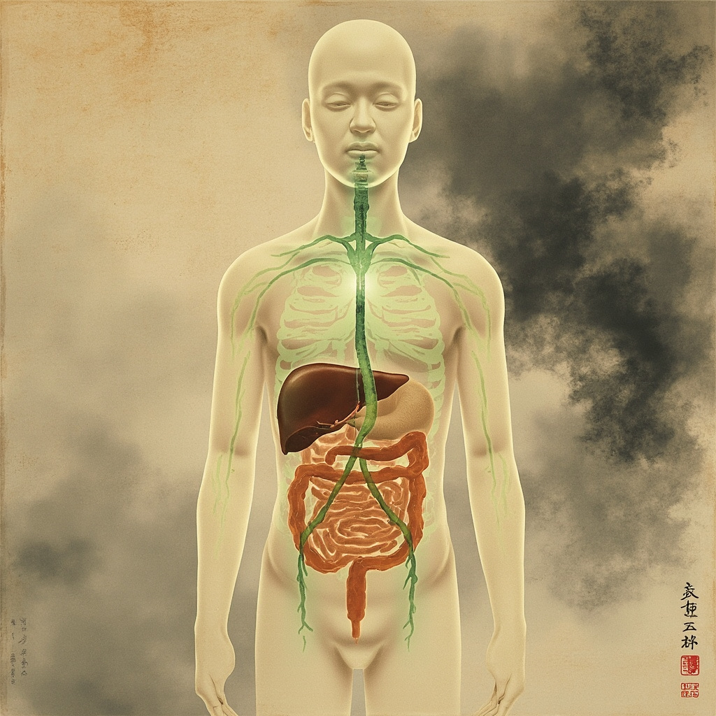 Traditional Chinese ink painting of a serene liver and intestines connected by glowing qi meridians in green and earthy tones, symbolizing harmony and balance against a misty background.