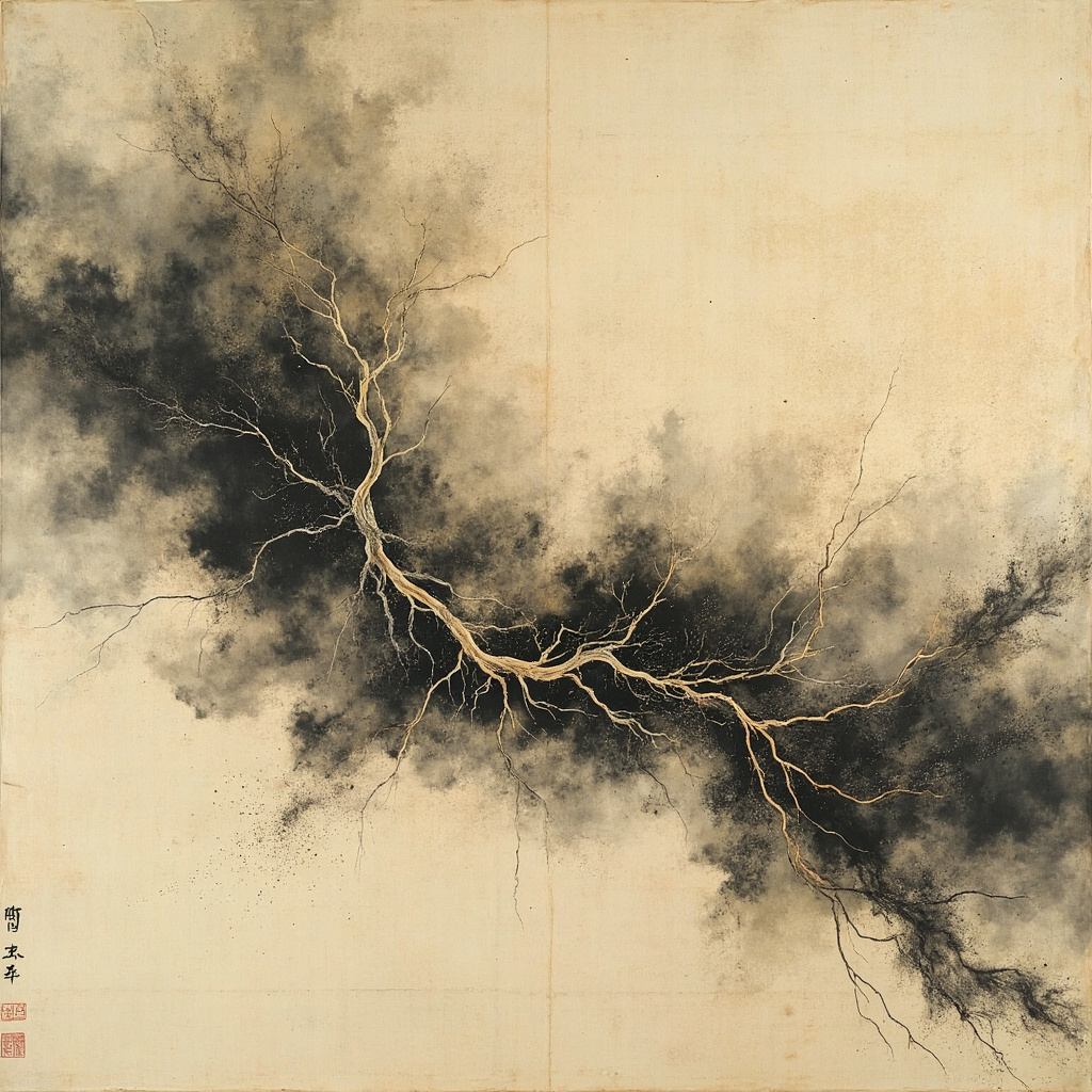 Traditional Chinese ink painting of a human liver meridian disrupted by fungal spores and damp mist, with qi energy lines fading, symbolizing toxin invasion and the need for harmony restoration