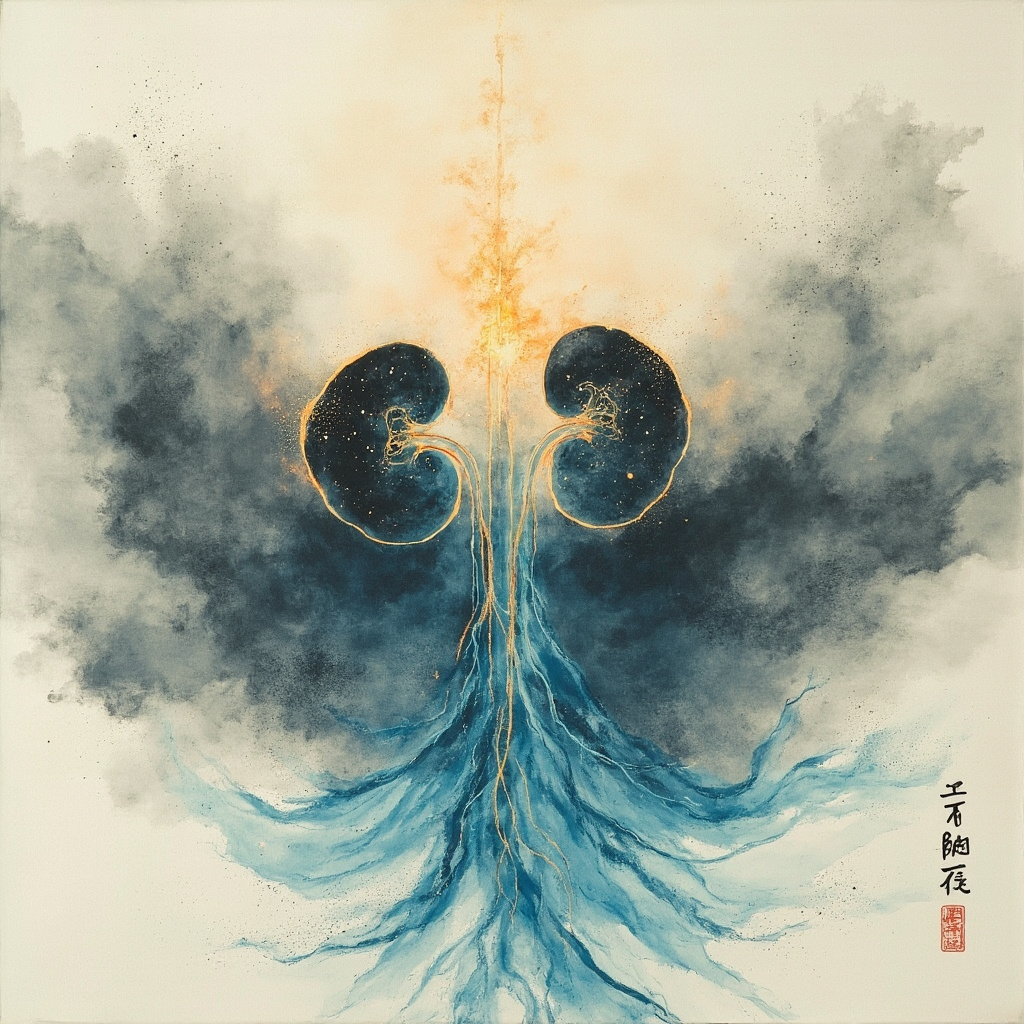 Traditional Chinese ink wash painting depicting the adrenal glands situated above the kidneys, with glowing blue qi meridians flowing along the Kidney meridian path from feet to chest, subtle flames of yang energy balanced by cooling water waves, evoking transformation from fear to poised action, serene misty background.