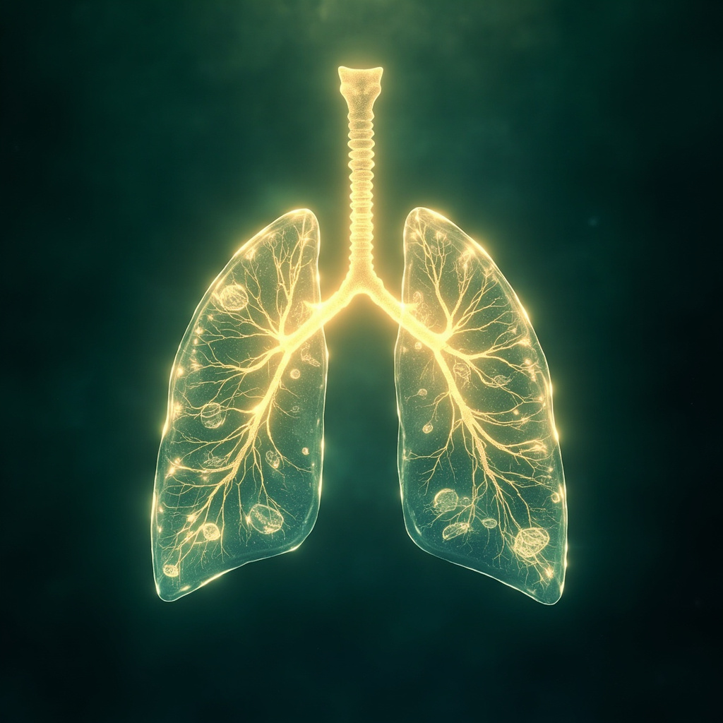 Serene lungs glowing with golden qi energy, subtle parasitic forms transforming into harmonious water beings, TCM meridians flowing, soft blue and green tones, meditative atmosphere.