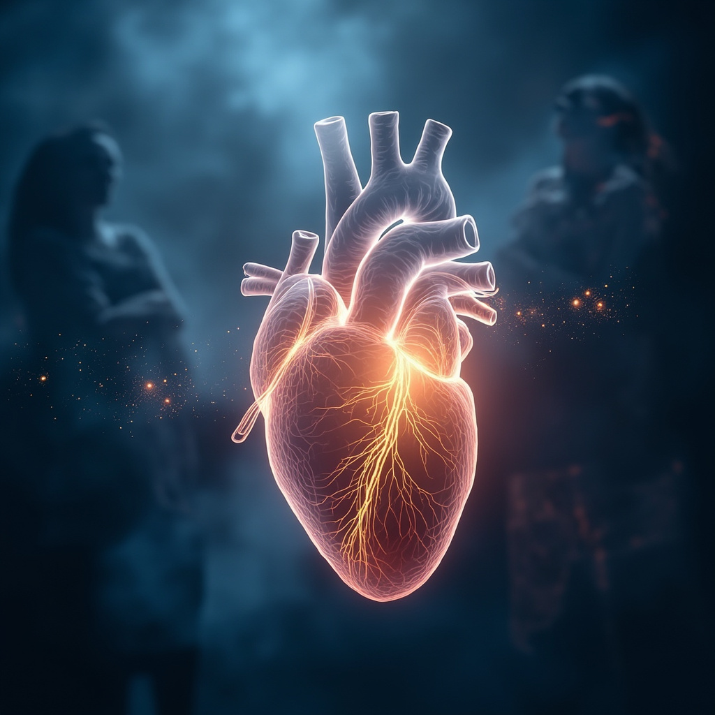 Serene glowing human heart with left coronary artery in golden light, TCM meridians flowing smoothly around it, fading icons of tired sad person transforming to energetic joyful one, soft blue and red tones.
