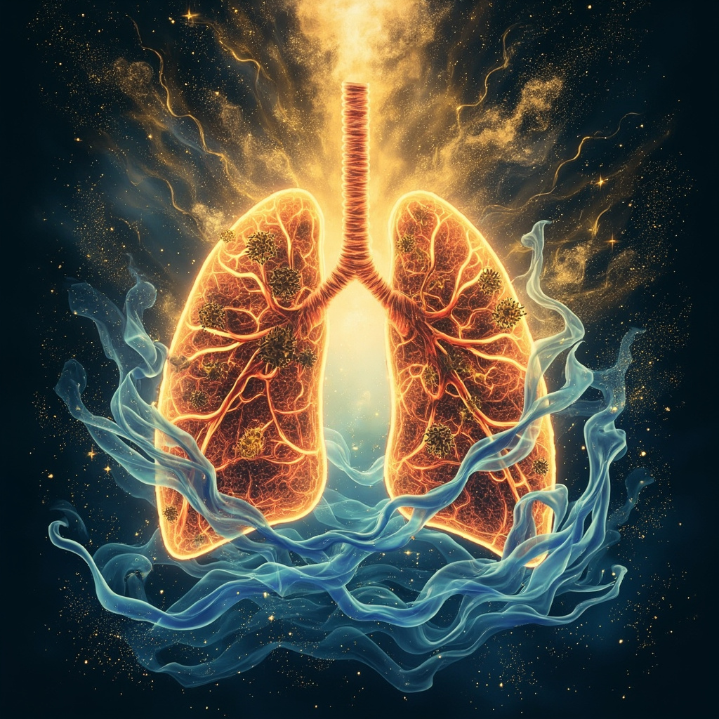 Illustration of inflamed lungs with shadowy H1N1 virus particles disrupting glowing TCM meridians and qi flow, transitioning to harmonious energy waves calming anxiety, in soft blues and golds for serenity.