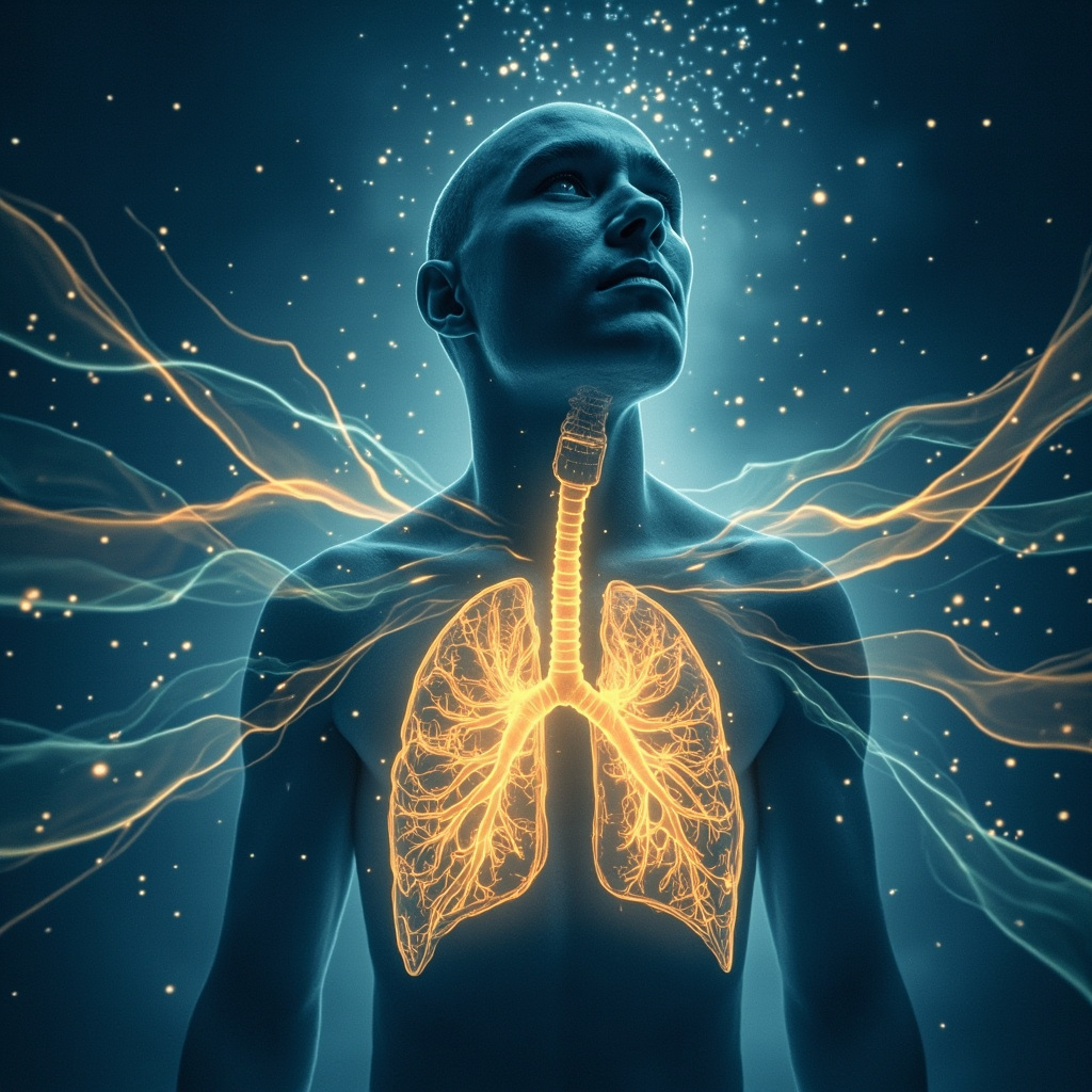Illustration of glowing lungs enveloped in harmonious energy waves, a person transitioning from fatigued cough to relaxed breathing, soft blues and golds, meditative atmosphere.