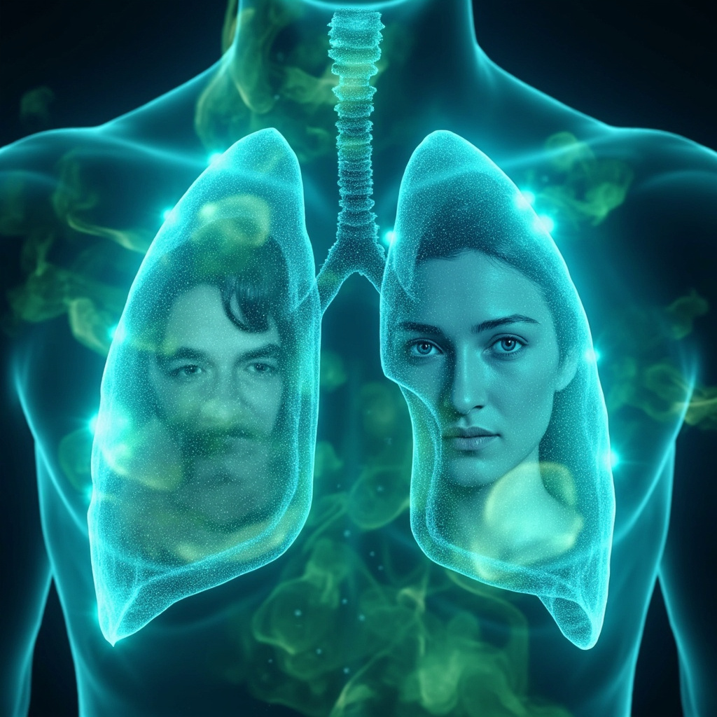 Soft illustration of glowing liver and lungs with fading hydatid cyst shadows, energy waves flowing harmoniously, anxious face transitioning to calm, in healing blue-green tones.