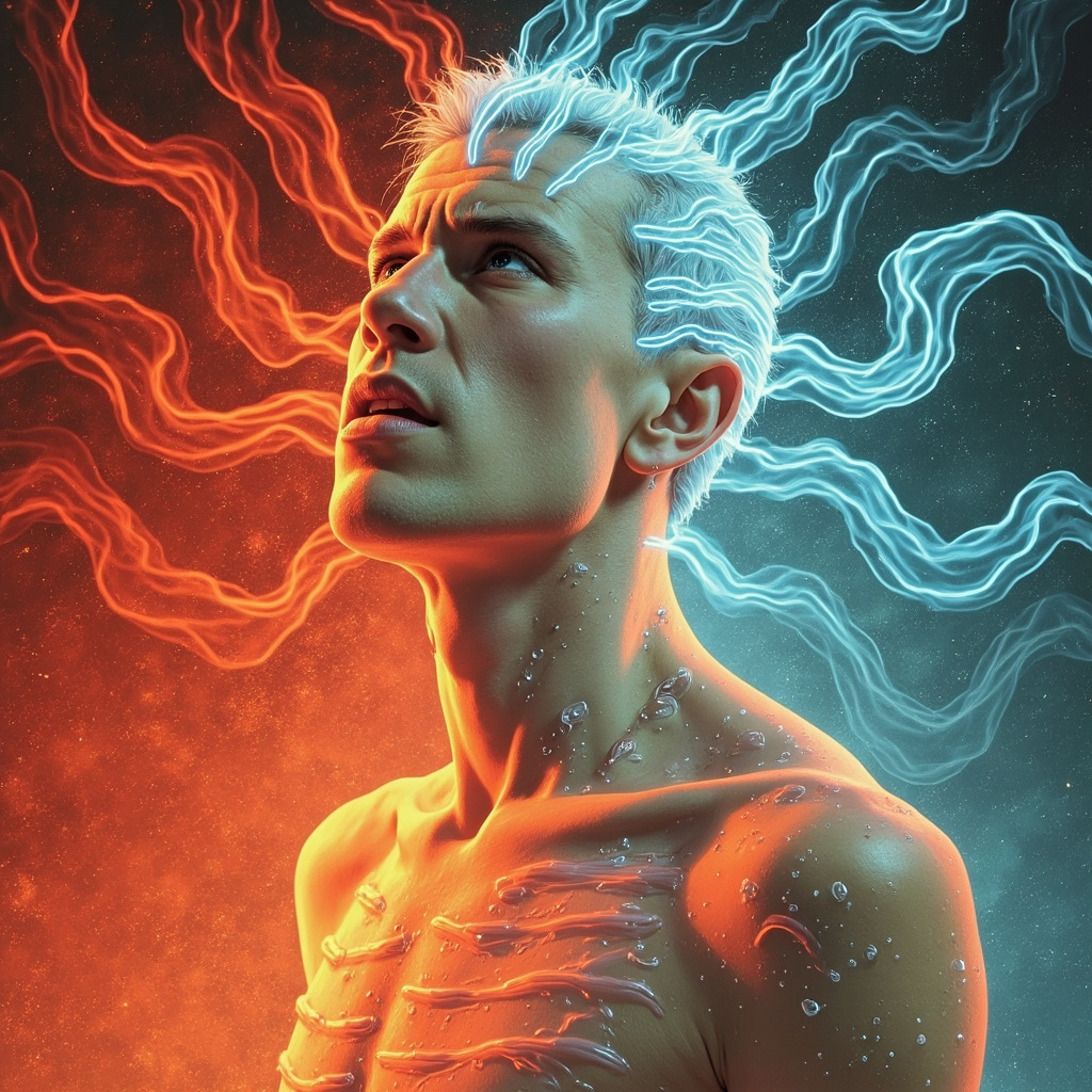 Illustrative image of a tired person sweating in summer heat, with glowing TCM acupuncture points on head, neck, face, and abdomen, soft blue energy flows balancing red heat waves, serene background transitioning to vitality.