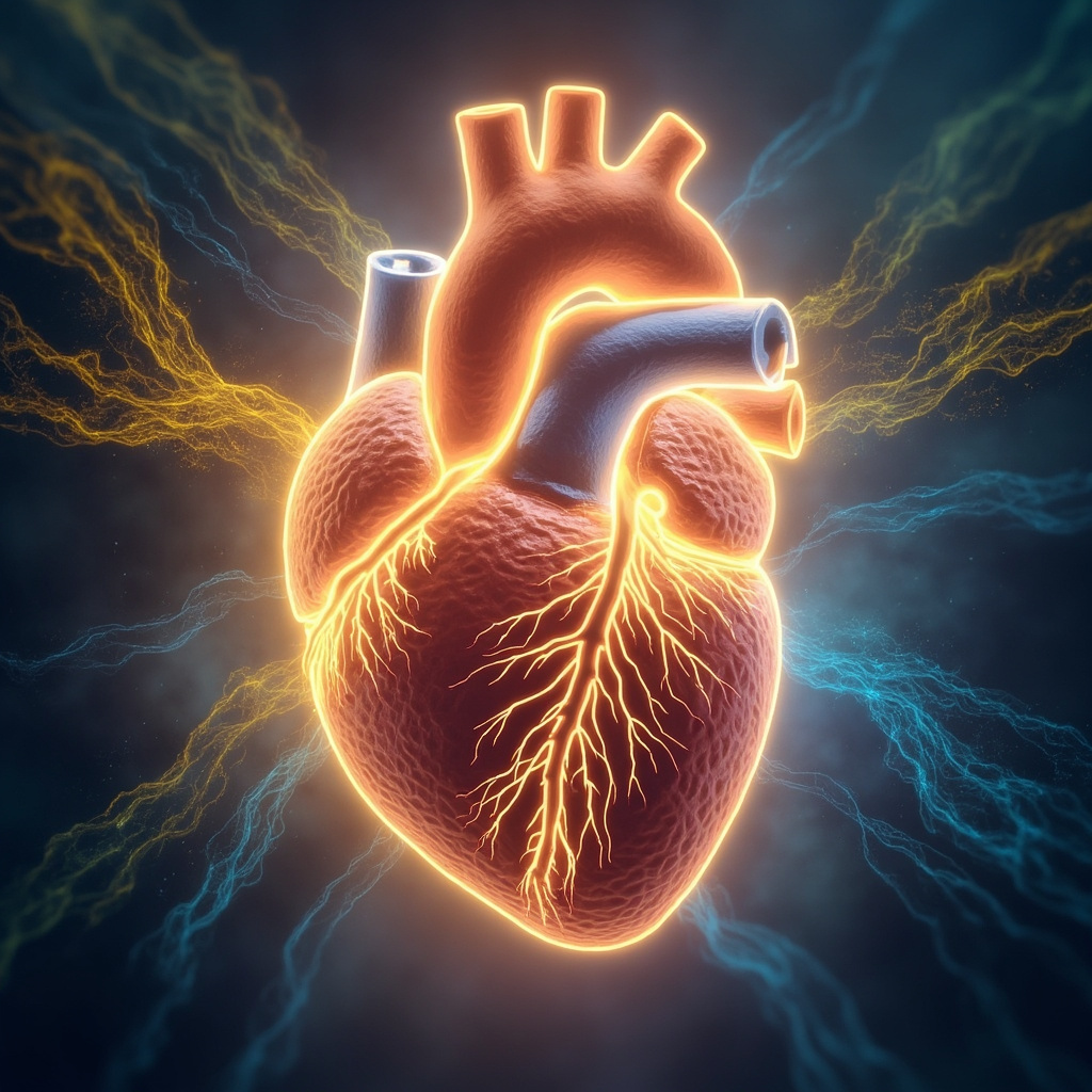 Illustrative image of a glowing heart enveloped by a protective pericardium sac in TCM style, with flowing qi meridians in gold and blue, soft emotional faces transitioning from anxious to serene, anatomical accuracy, serene background.