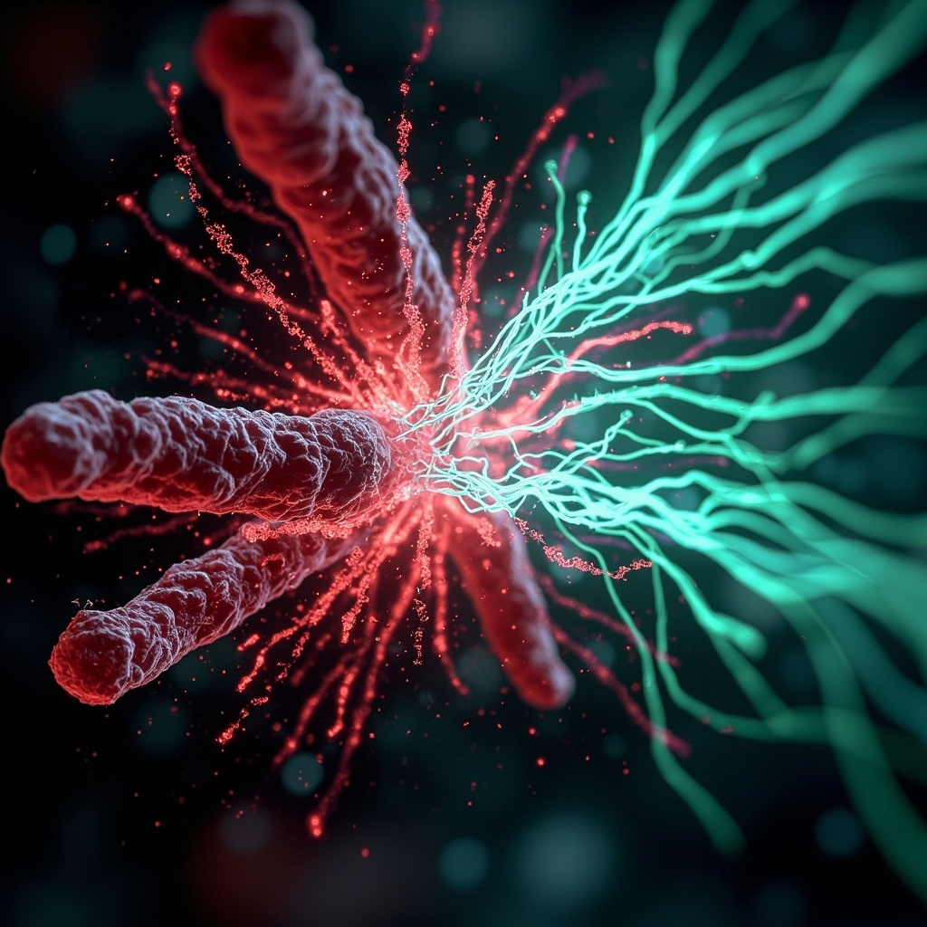 Microscopic Bacillus anthracis bacteria glowing with red energy waves disrupting calm blue neural pathways symbolizing fear and anxiety, transitioning to harmonious green balance, scientific yet artistic style.