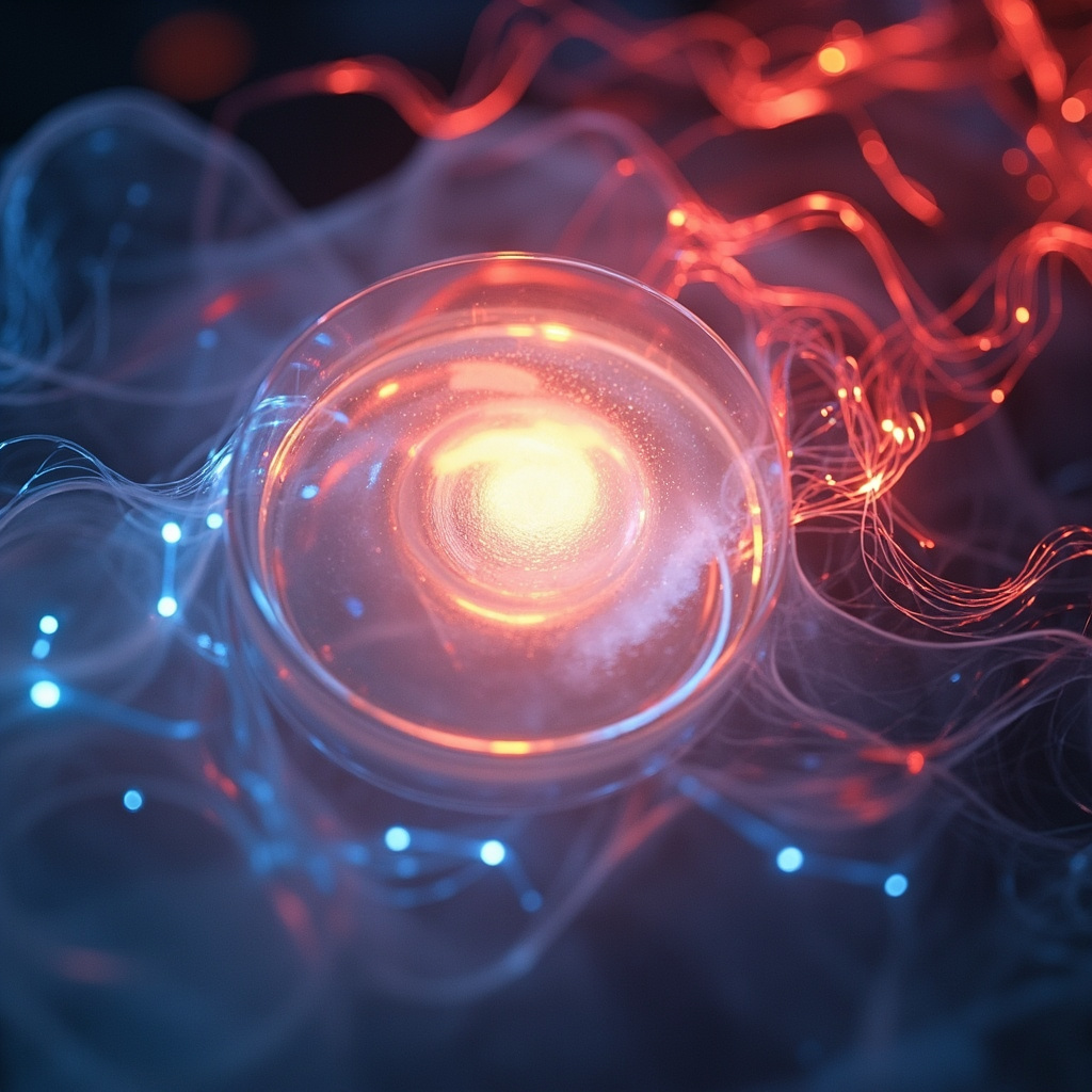 Serene glowing heart enveloped in a protective translucent pericardium sac, with flowing TCM meridians in soft red and blue energy waves, symbolizing emotional shield and physical harmony, minimalist style.