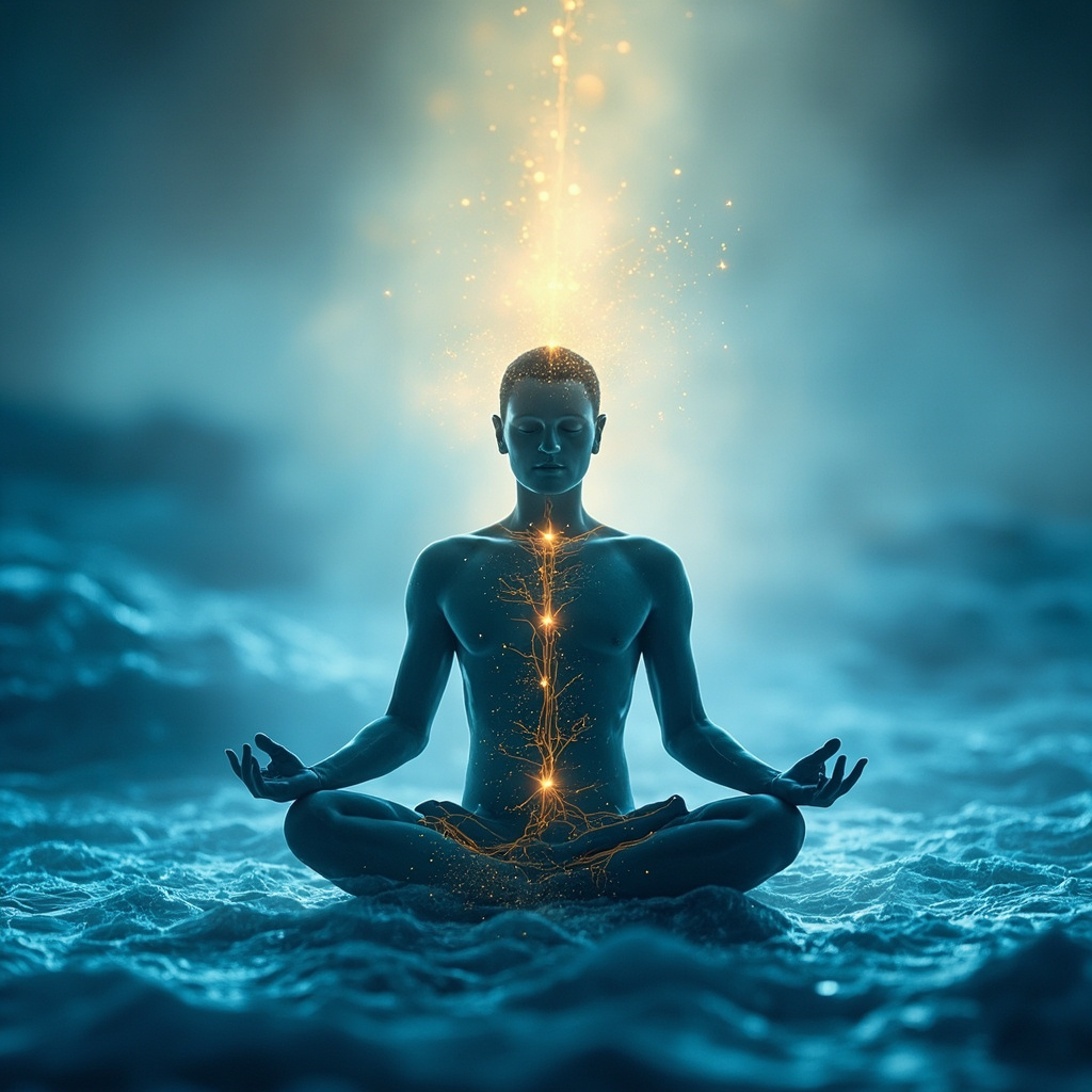 Serene person in lotus pose, glowing energy lines from head to feet highlighting GB20 and GV20 points, calming blue waves representing balanced qi flow, soft natural light, vertigo relief visualization