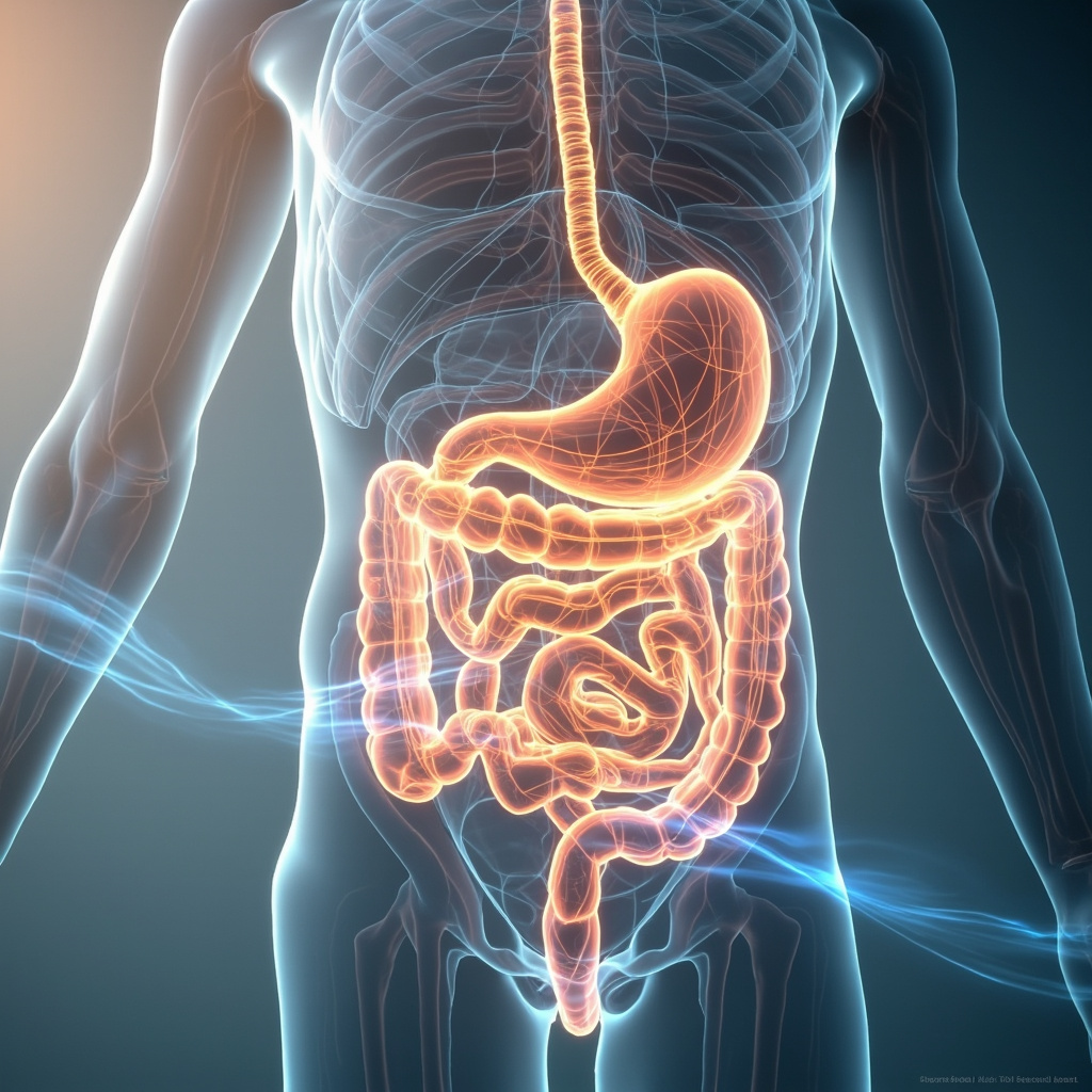 A serene, abstract visualization of glowing, rhythmic energy waves flowing through the human digestive system, soft golden and blue tones, professional medical illustration style.