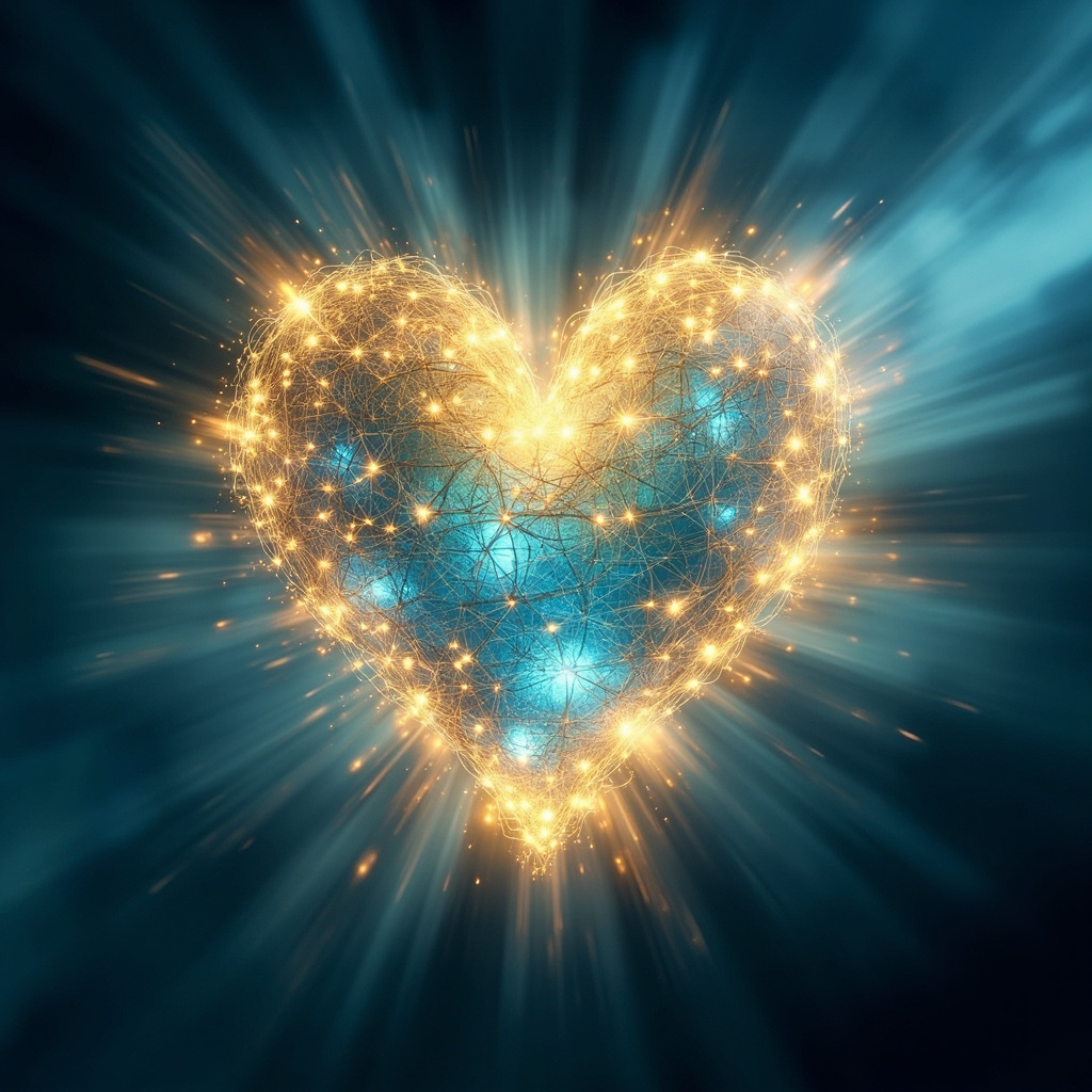 A serene, abstract visualization of a glowing, energetic heart-shaped structure surrounded by a protective, light-filled aura, soft blue and golden tones, cinematic lighting, high resolution.