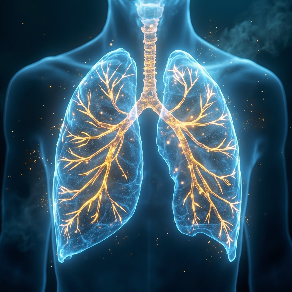 A serene, abstract visualization of light waves and energy patterns flowing through human lung tissue, symbolizing healing, balance, and the restoration of inner harmony, soft blue and gold tones.