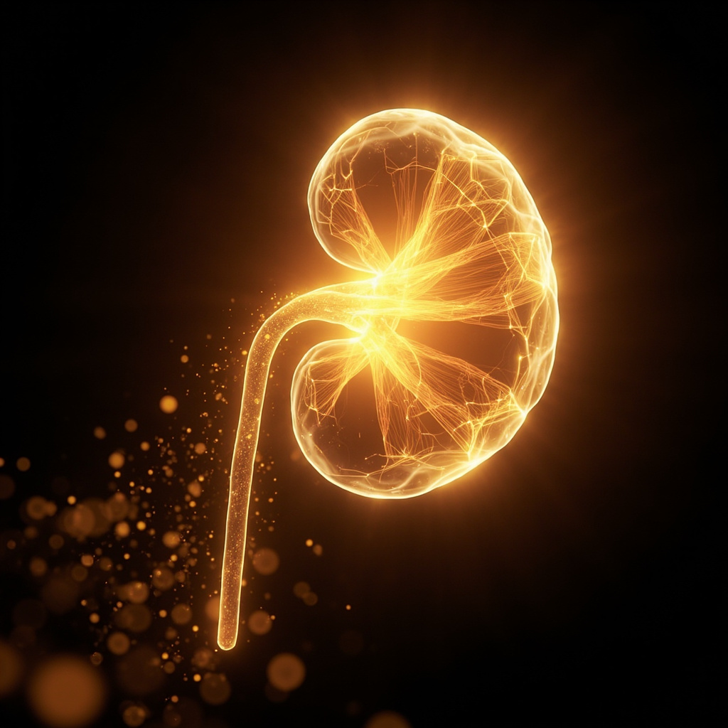 A serene, abstract visualization showing glowing golden energy pathways flowing through a human kidney structure, symbolizing balance and harmony.