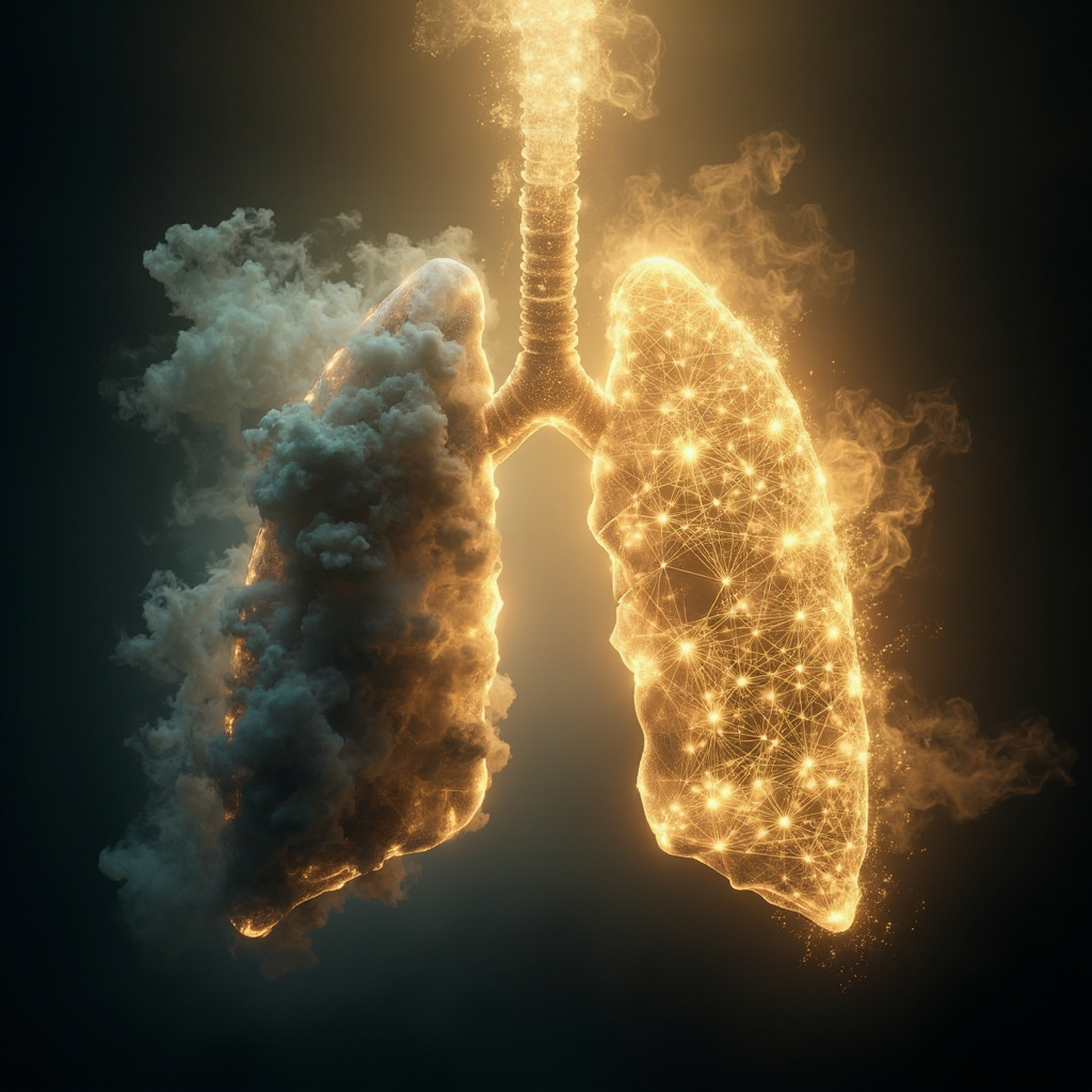 A serene, ethereal visualization of human lungs transitioning from a cloudy, grey mist into a glowing, golden geometric light pattern, symbolizing the shift from anxiety to coherence.