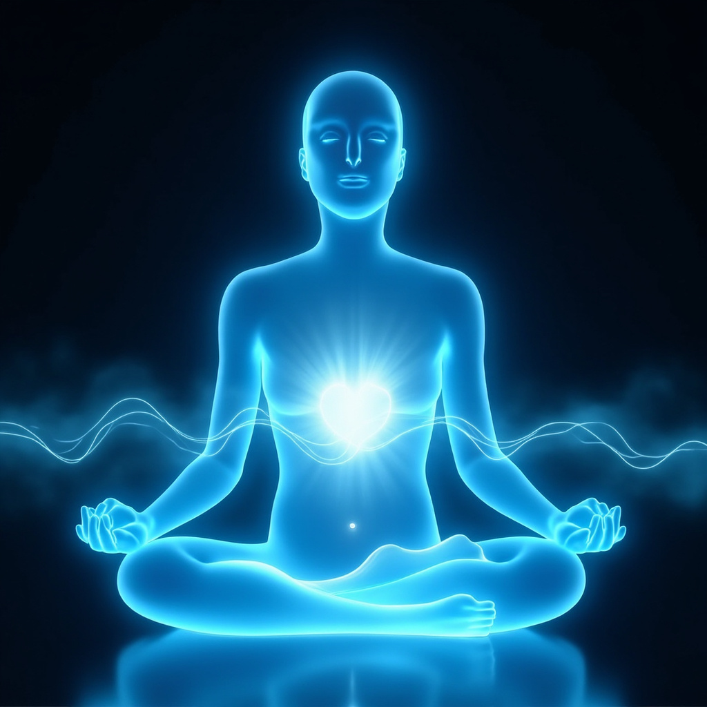 Serene figure in lotus pose under soft blue light, ethereal energy waves gently flowing around the heart and lower abdomen, evoking emotional healing, acceptance, and nervous system balance from stress and shame.
