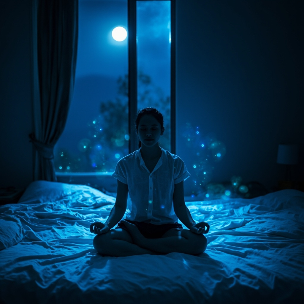Serene night bedroom with a person meditating cross-legged on the bed, soft glowing blue frequency waves emanating from acupuncture points on wrists and ankles, peaceful moonlight filtering through window, calming atmosphere.