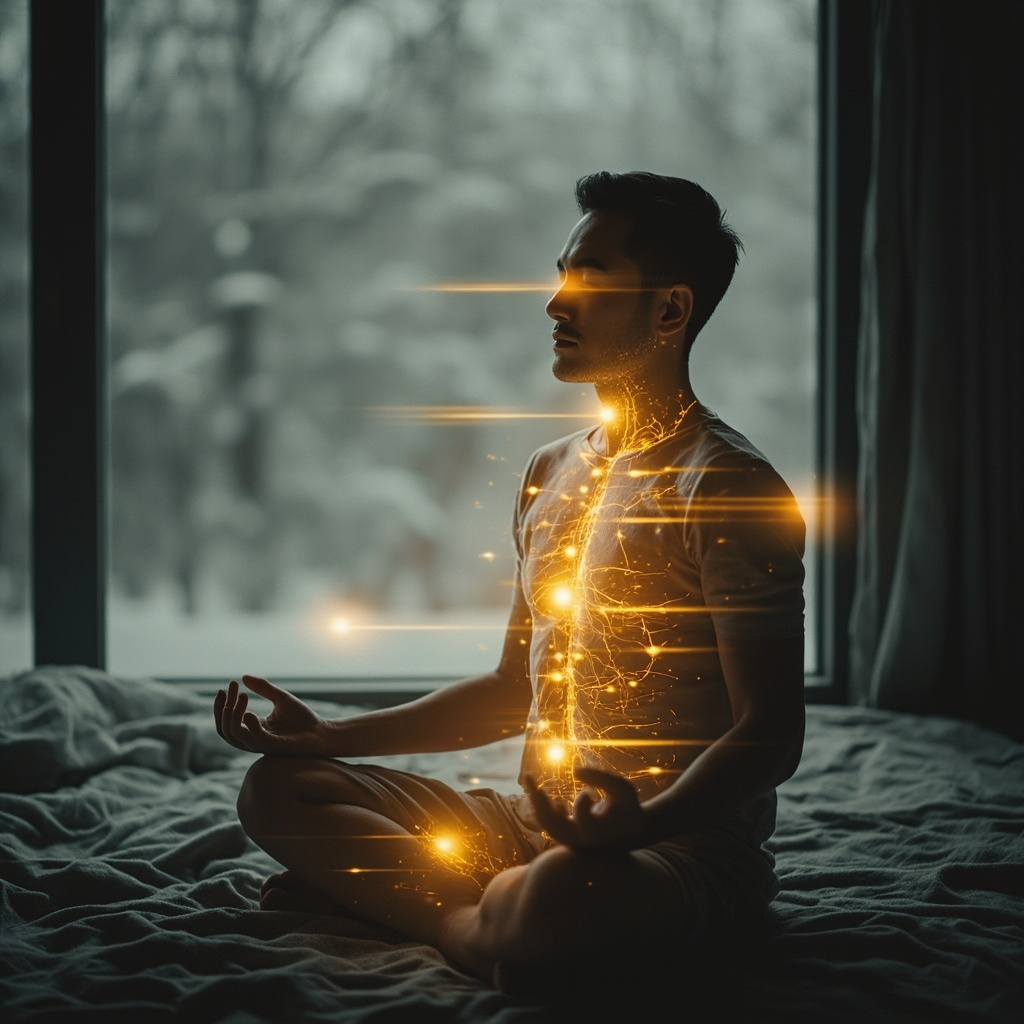 Soft winter scene: person sits calmly meditating indoors, subtle glowing lines trace acupuncture points LI14 on shoulder, GB40 on ankle, ST4 on face, CV19 on chest, KI10 on lower back/abdomen; transition from dull gray to warm golden energy flow, serene expression, no text.
