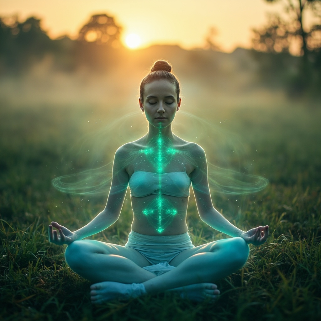 Serene person in meditation pose outdoors at dawn, subtle glowing lines tracing acupuncture points on legs, wrists, head, and feet, soft blue and green energy auras, peaceful nature background