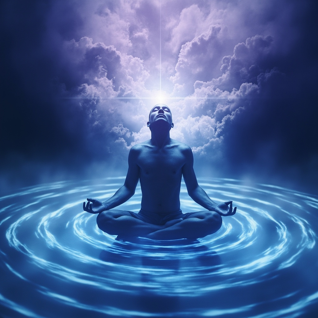 Serene meditator in lotus pose, with swirling obsessive thought clouds fading into peaceful light waves, soft blue and purple tones, calming atmosphere