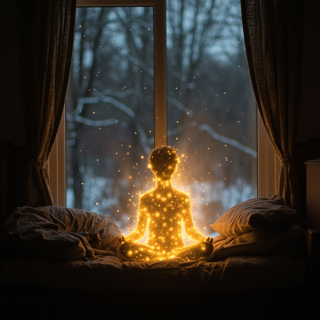 Cozy winter window scene: person in dim light looks lethargic at snow, then glows with soft frequency waves during meditation, brightening to energetic pose.
