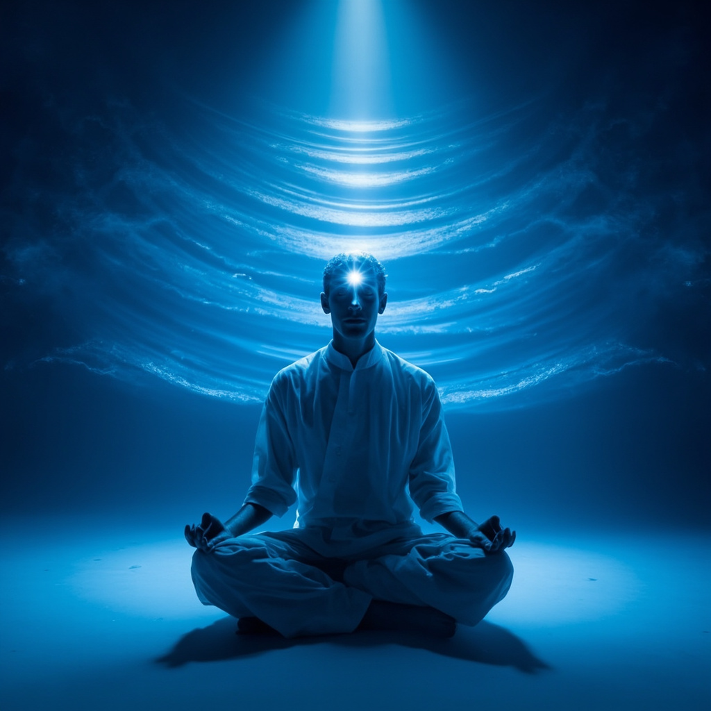 A serene meditator in lotus pose, with a soft glowing beam of light focused on the third eye area, emanating waves of blue and indigo energy symbolizing mental concentration and clarity, minimalist background with subtle brain wave patterns.