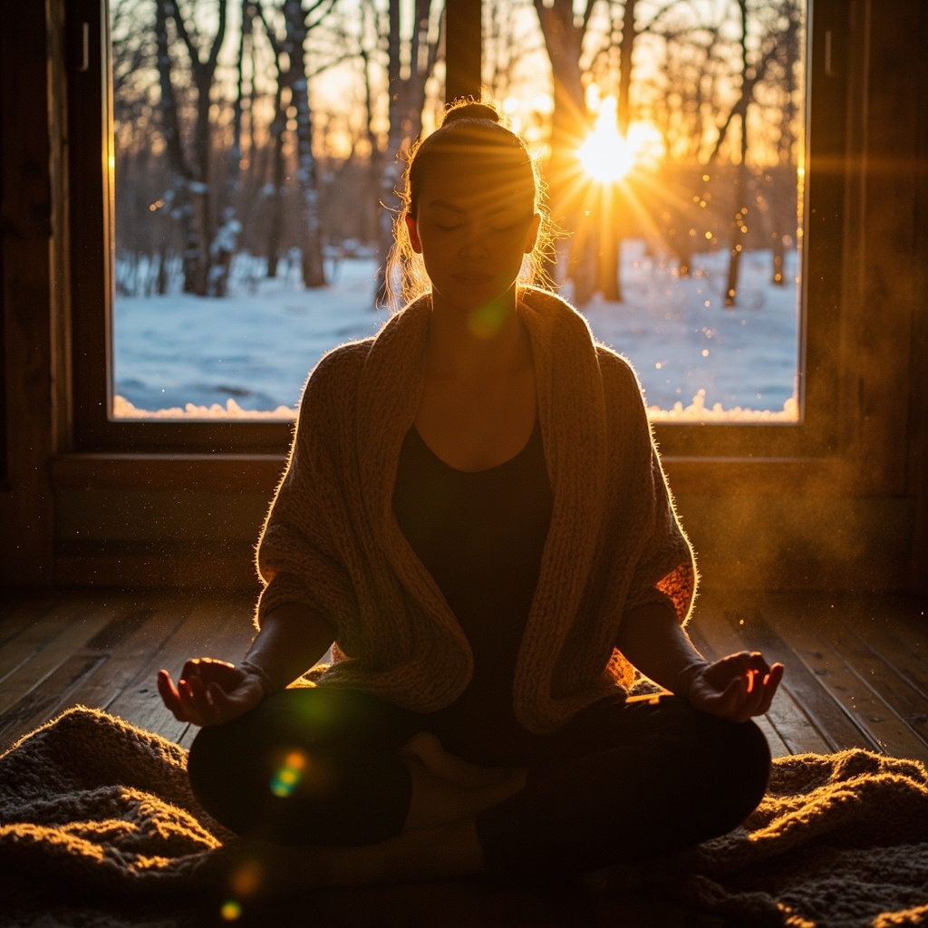 A meditative figure in a cozy room during winter, warm golden light from a window contrasting snowy blue outdoors, symbolizing inner balance overcoming seasonal lethargy and low mood.