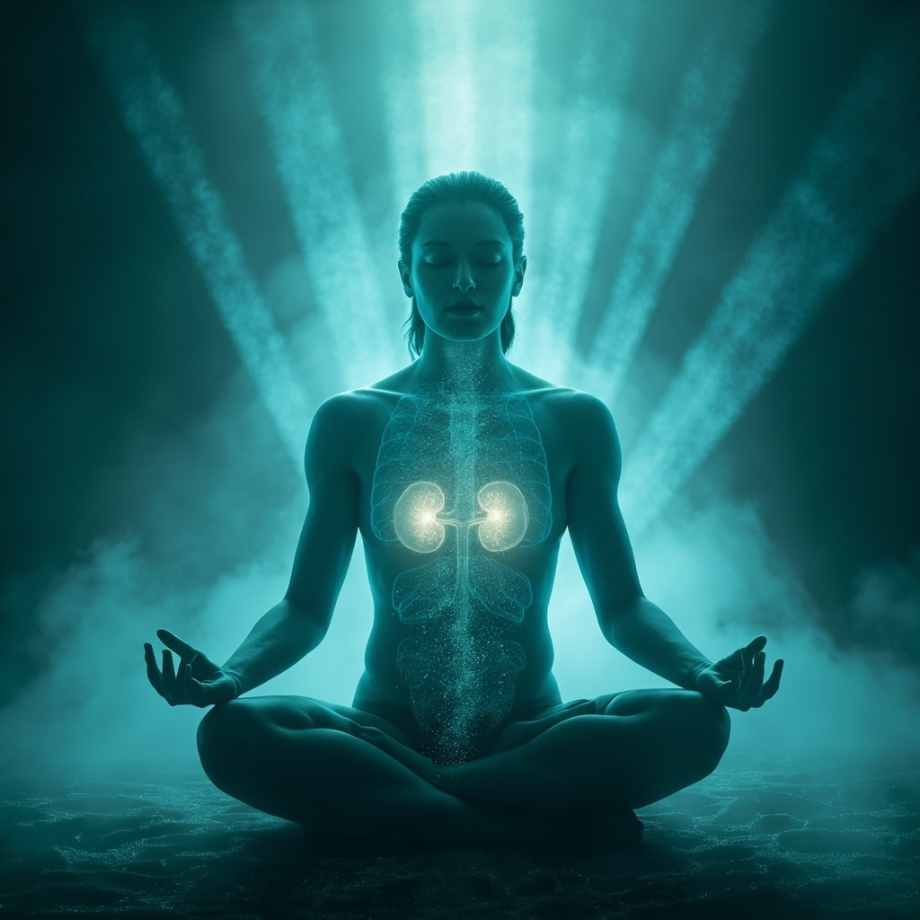 Serene meditator in lotus pose with soft glowing energy beams targeting liver and kidney areas, dissolving dark toxin particles, calming blue-green tones, ethereal healing atmosphere