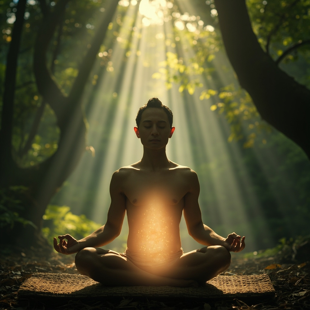 Serene yogi in seated meditation pose on a natural mat, soft glow around the trunk core area emphasizing stability, peaceful forest background, high resolution