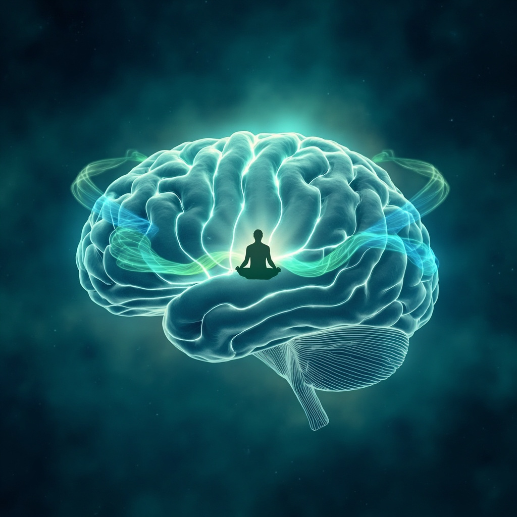 Serene human brain with glowing balanced neural pathways in soft blues and greens, surrounded by subtle sound wave frequencies and a meditating figure silhouette, calming and restorative atmosphere.