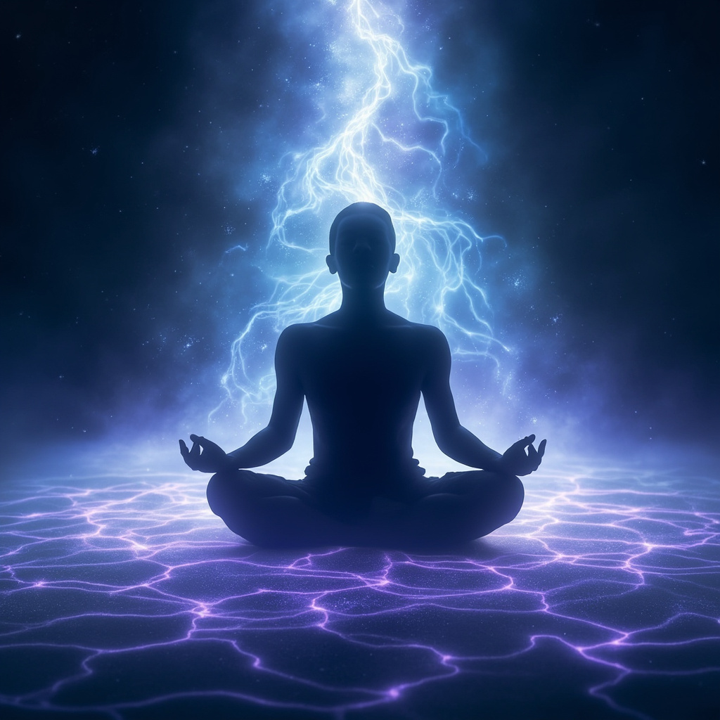 Serene silhouette of a person meditating cross-legged, soft glowing energy waves flowing from head to lower body balancing nerves and emotions, calming blue and purple tones, abstract healing frequencies as harmonious patterns, no text.