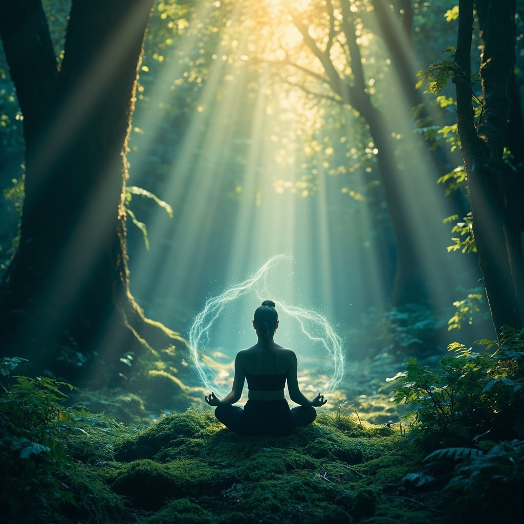 Serene person meditating in a lush forest clearing at dawn, soft golden light filtering through trees, subtle ethereal spirals of energy harmonizing around the body, calming blue-green tones evoking peace and healing.
