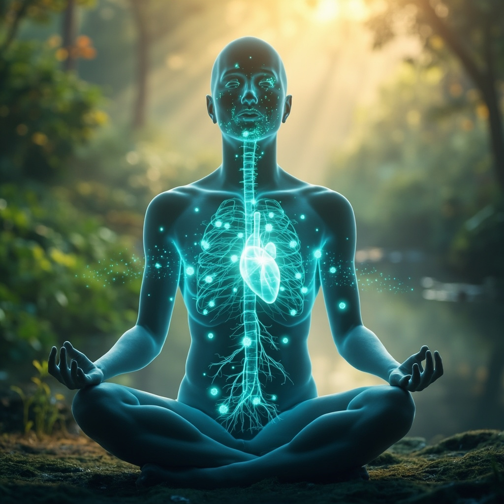 Serene meditating figure with glowing immune cells, lymph nodes, thymus highlighted in blue-green, heart waves showing rising HRV, calm natural background