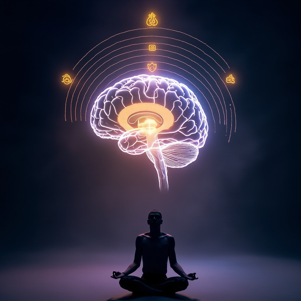 Serene brain cross-section highlighting glowing anterior pituitary gland at base, emitting harmonious frequency waves, surrounded by icons of balanced hormones, calm emotions, empowered figure meditating.