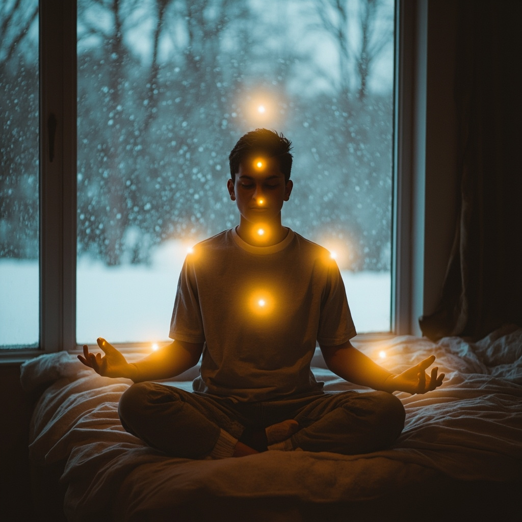 A serene person meditating cross-legged in a softly lit winter room, with subtle glowing auras highlighting the elbow, outer lower leg, cheekbone, chest center, and lower back; evoking warmth, renewal, and emotional balance against a snowy window backdrop.