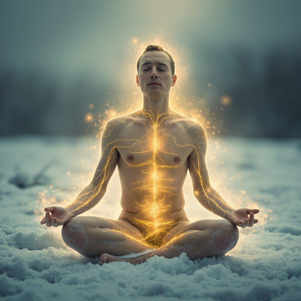Prompt: Serene person meditating in snowy landscape, subtle glowing energy lines on body highlighting lower abdomen, liver meridians, chest, head, and legs; transition from dim gray to warm vibrant aura, soft winter blues and golds, uplifting and calm.