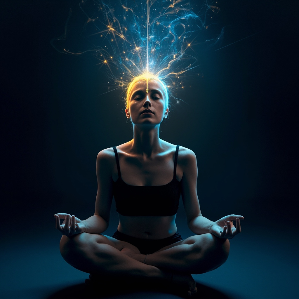 Serene person meditating cross-legged, soft glowing light emanating from the head area highlighting eyes, ears, and sensory organs in blue and gold tones, symbolizing enhanced perception and mental clarity.