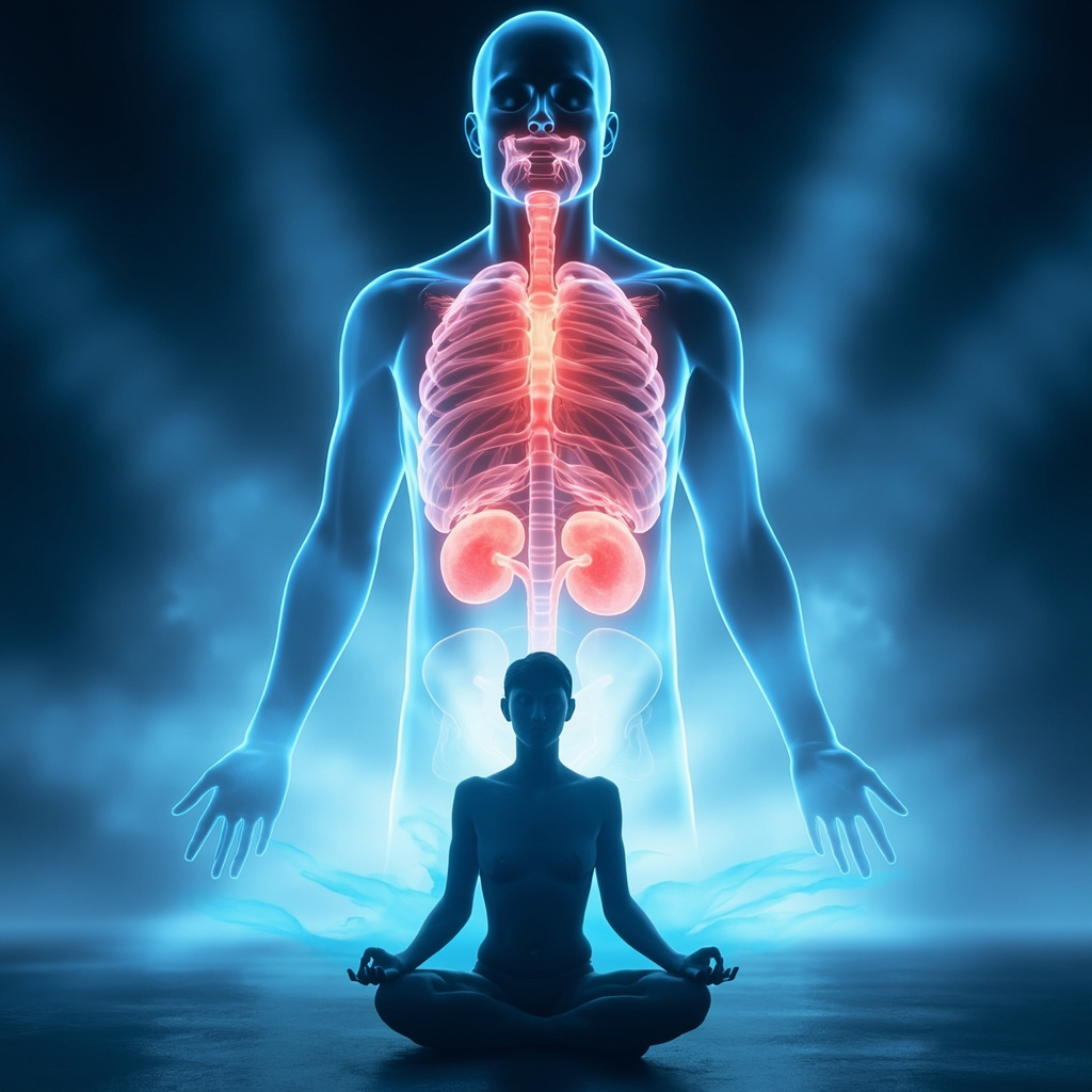 Illustration of human silhouette with highlighted adrenal glands glowing red for hyperfunction transitioning to blue calm waves, a meditating figure in foreground, soft ethereal light, professional medical art style.