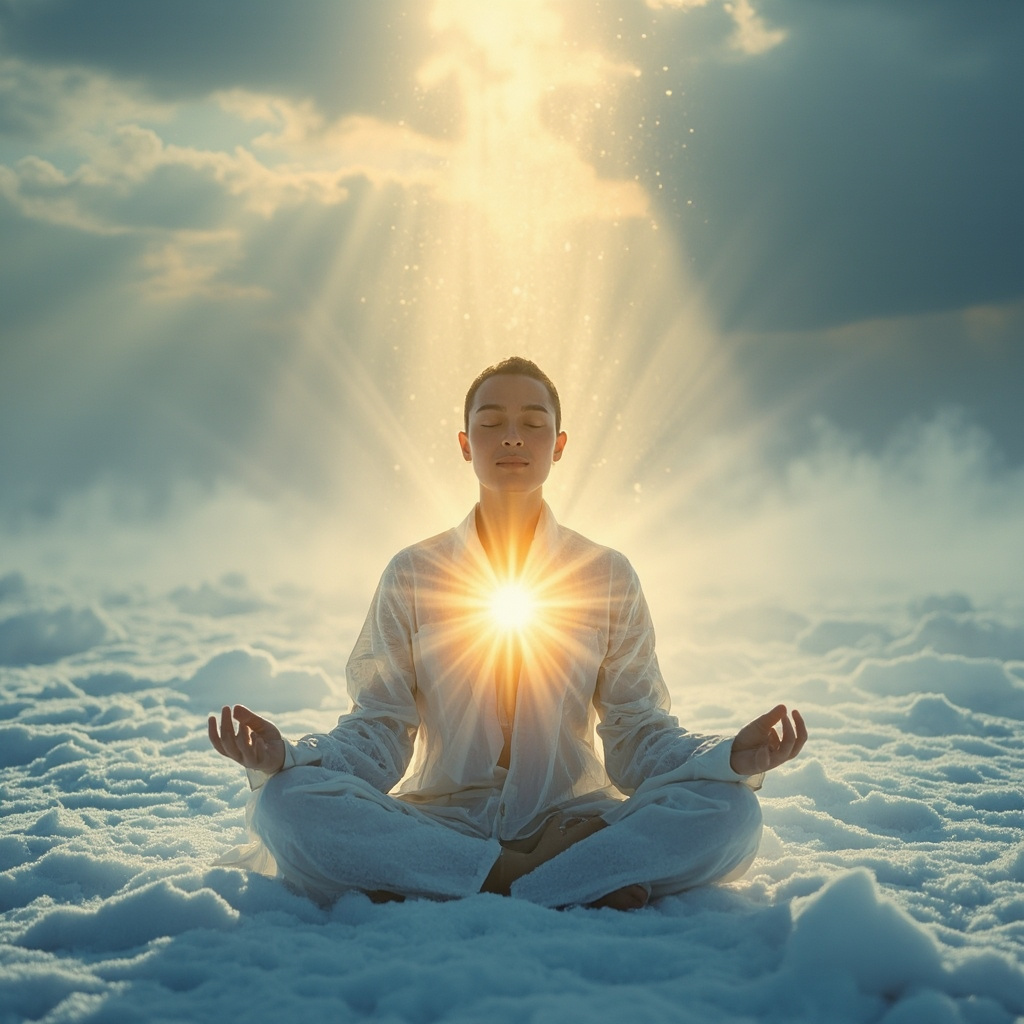 A calm person meditating cross-legged in a gentle snowy landscape at dawn, with soft golden light rays breaking through clouds illuminating their serene face and heart area, evoking hope and inner warmth against winter blues.
