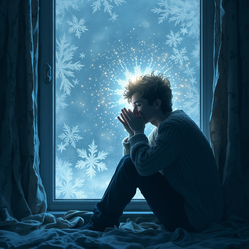 Illustration of a person in cozy winter room by frosty window, head in hands feeling lethargic, subtle glowing frequencies and meditation aura emerging, hopeful expression building, soft blue tones.